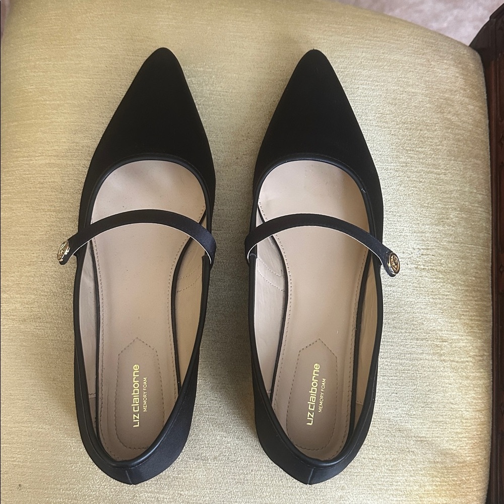 Liz Claiborne Santry Black Satin Pointed Toe Mary Jane Flat Shoes Size 11 - Picture 9 of 16